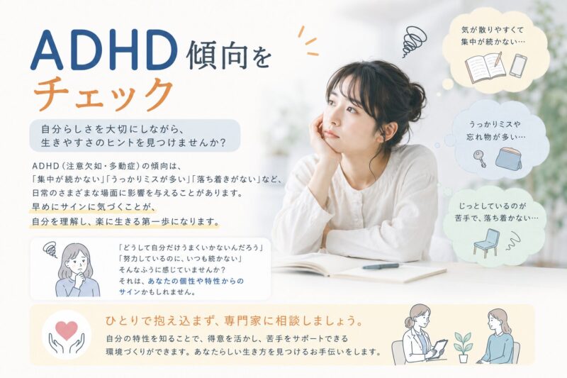 集中しにくさや忘れ物が気になる方へ｜ADHD傾向をチェックのアイキャッチ画像