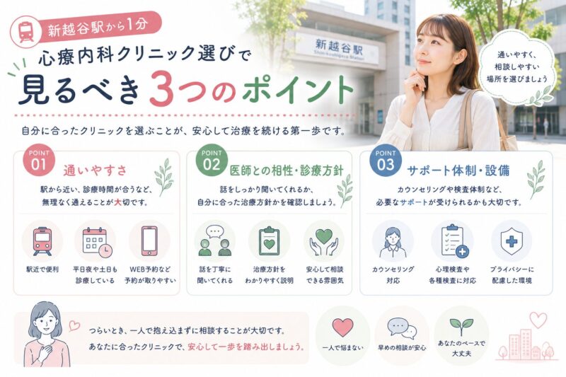 新越谷駅から1分｜心療内科クリニック選びで見るべき3つのポイントのアイキャッチ画像