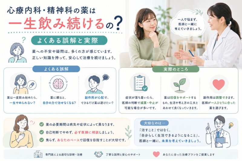心療内科・精神科の薬は一生飲み続けるの？よくある誤解と実際のアイキャッチ画像