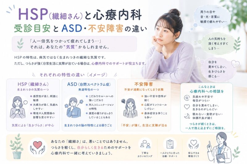 HSP（繊細さん）と心療内科｜受診目安と ASD・不安障害の違いのアイキャッチ画像
