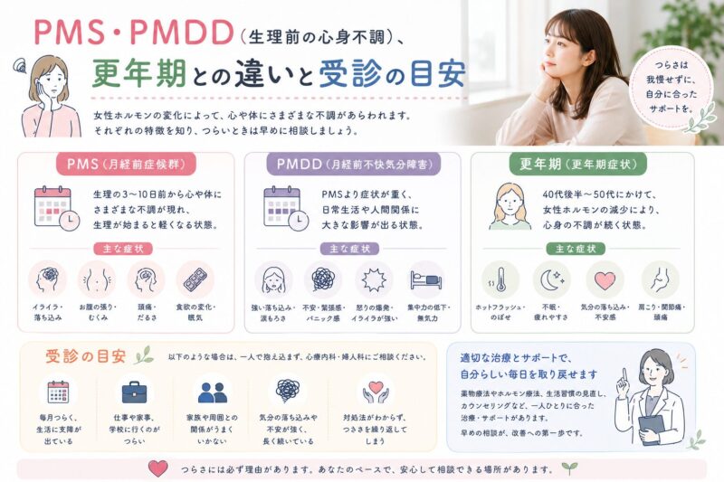 PMS・PMDD（生理前の心身不調）、更年期との違いと受診の目安のアイキャッチ画像