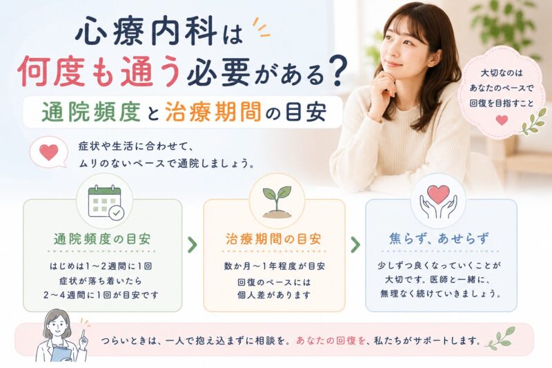 心療内科は何度も通う必要がある？通院頻度と治療期間の目安のアイキャッチ画像