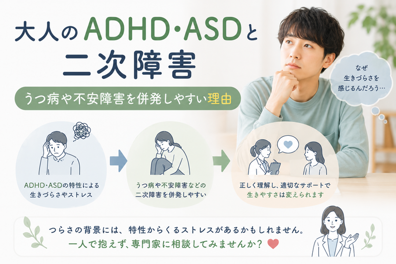 大人のADHD・ASDと二次障害｜うつ病や不安障害を併発しやすい理由のアイキャッチ画像